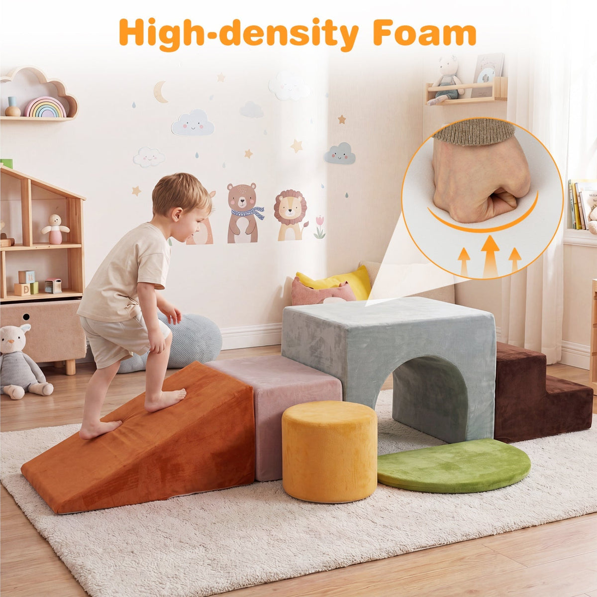Six foam climbing blocks set with slide and tunnel, colorful climbing toy for kids, designed by GBruno Store.