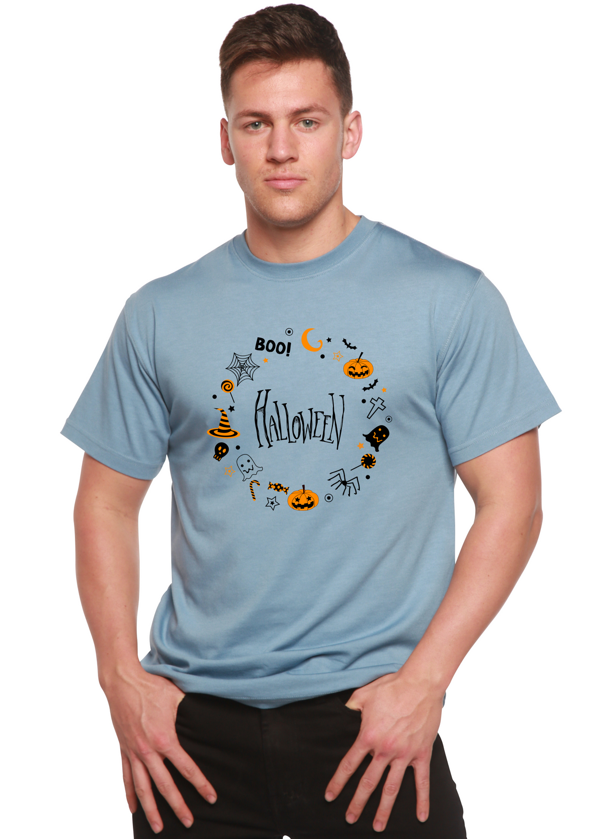 Spun Bamboo men's Halloween graphic T-shirt made of bamboo viscose and organic cotton with short sleeves and printed design.