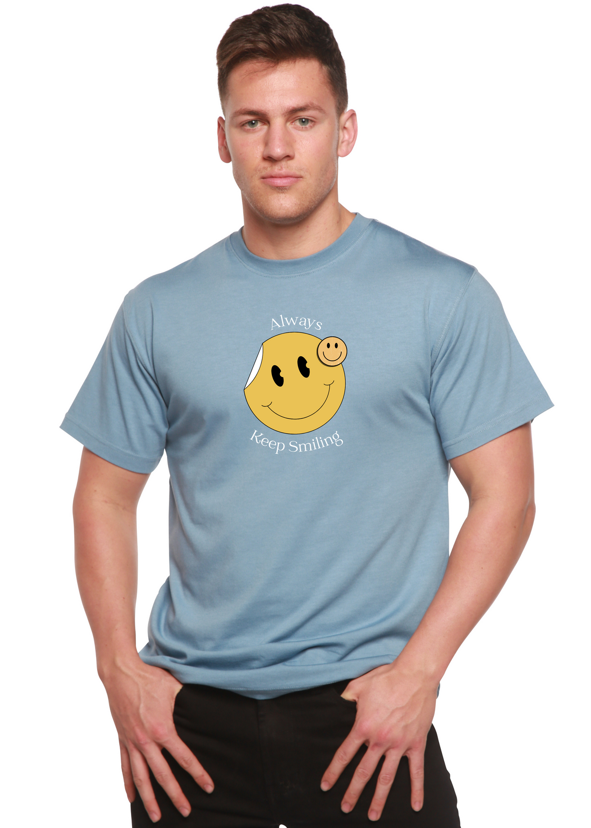 Men's printed T-shirt by Spun Bamboo featuring a smiling graphic design in bamboo viscose and organic cotton fabric.