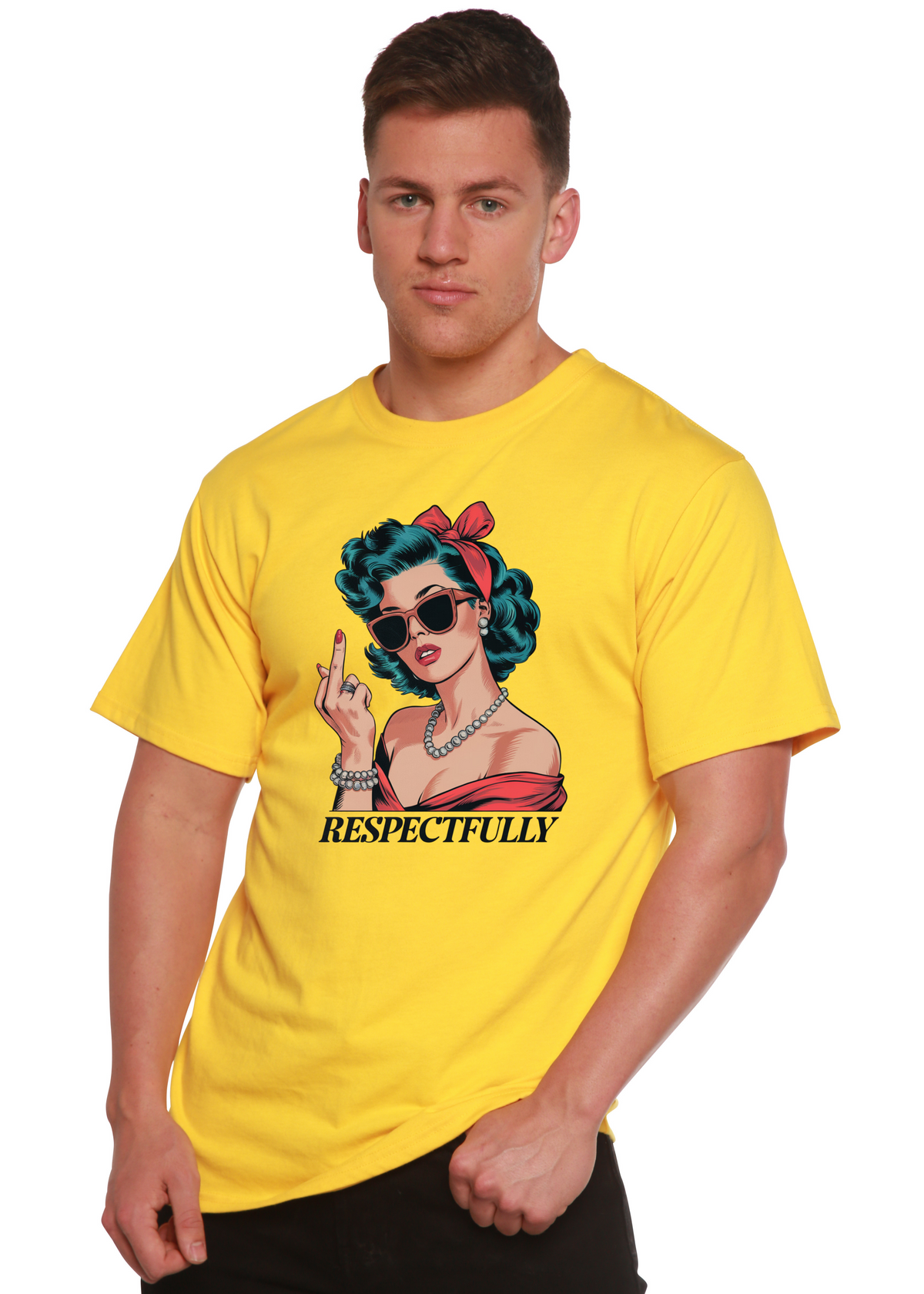 Spun Bamboo men's graphic T-shirt featuring a respectful middle finger design in unisex bamboo and cotton fabric.