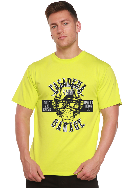 Men's Spun Bamboo Pasadena Garage graphic T-shirt with short sleeves, bamboo viscose organic cotton blend, and printed design.