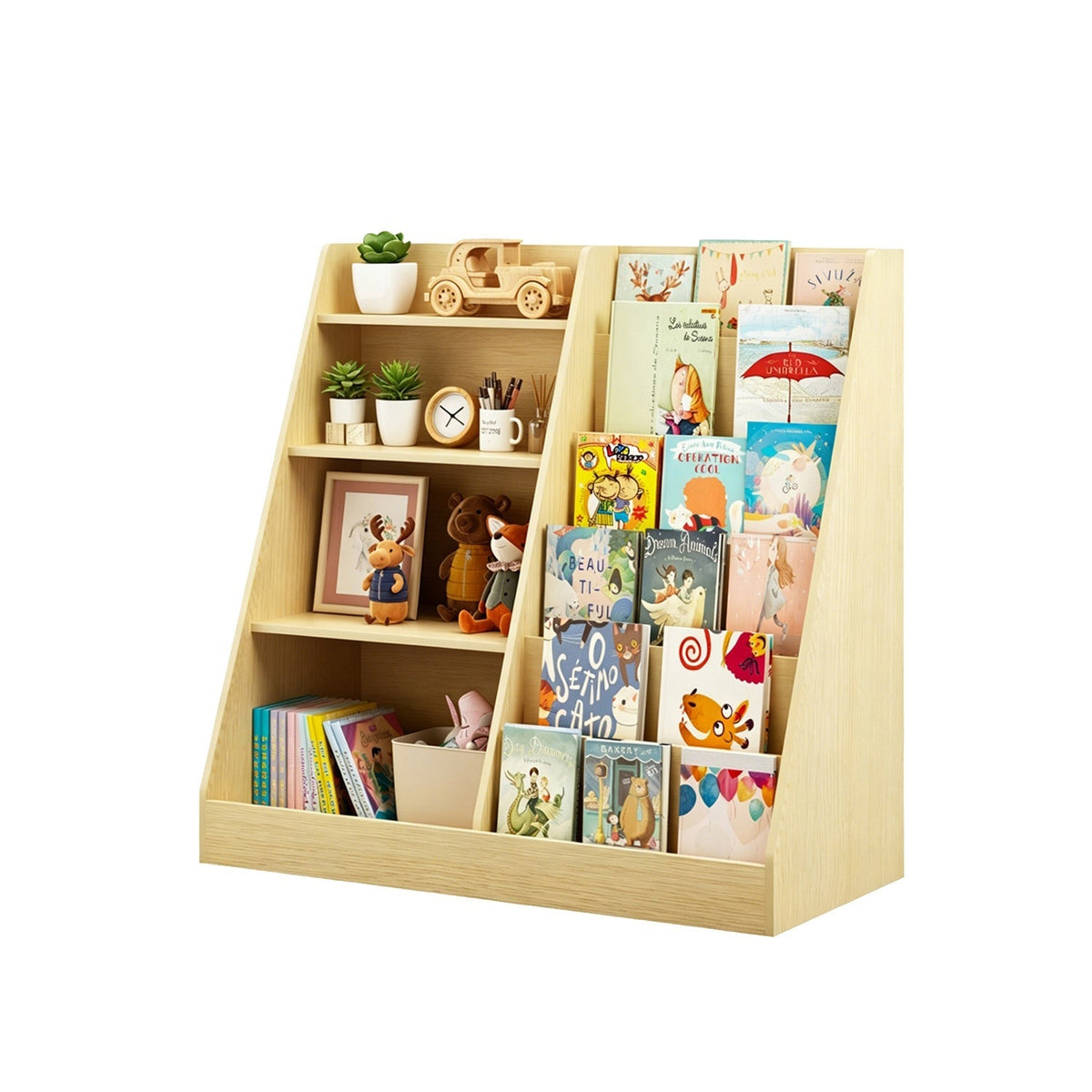Multi-tier kids bookshelf with toy storage organizer by GBruno Store, featuring colorful shelves and open compartments for books and toys.