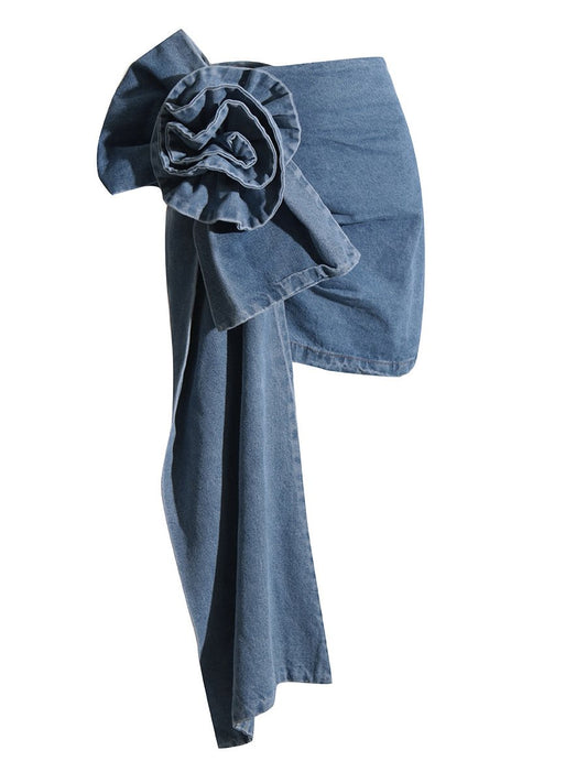 Retro blue rose flower denim skirt for women, featuring a classic design with floral embroidery and a high-waisted fit.