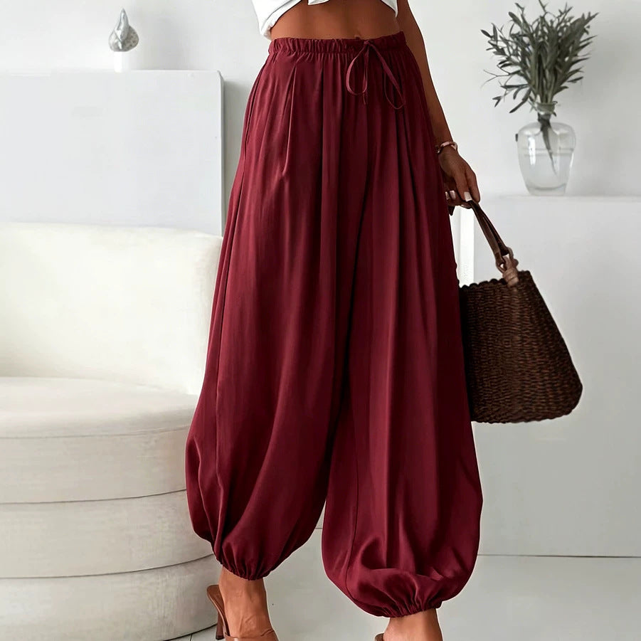 Women's summer loose drawstring wide-leg cropped harem pants with draped effect in casual fashion style