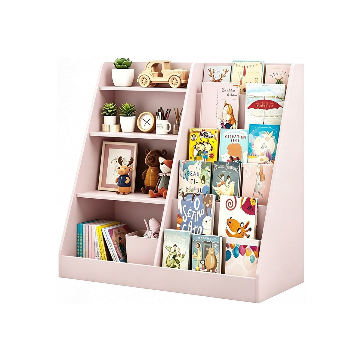Multi-tier kids bookshelf with toy storage organizer, featuring colorful compartments and a sturdy wooden frame.