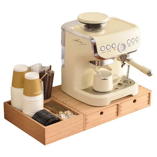 Natural wood coffee station organizer with drawers, designed for coffee, tea, and condiment storage, perfect for a coffee bar.