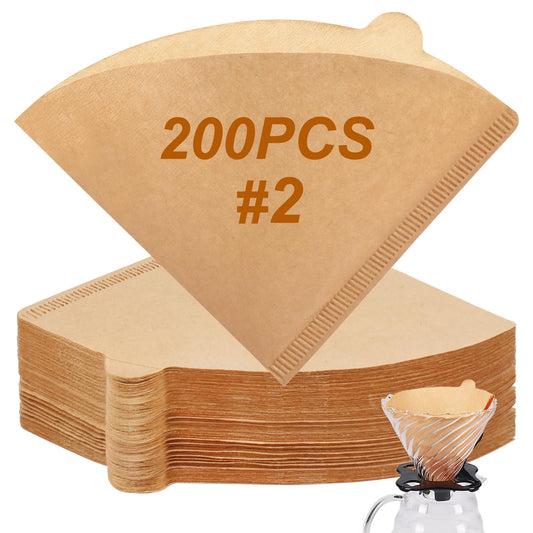 Set of 200 natural unbleached paper coffee filters size 02 for pour over coffee drippers and coffee makers, disposable and eco-friendly.