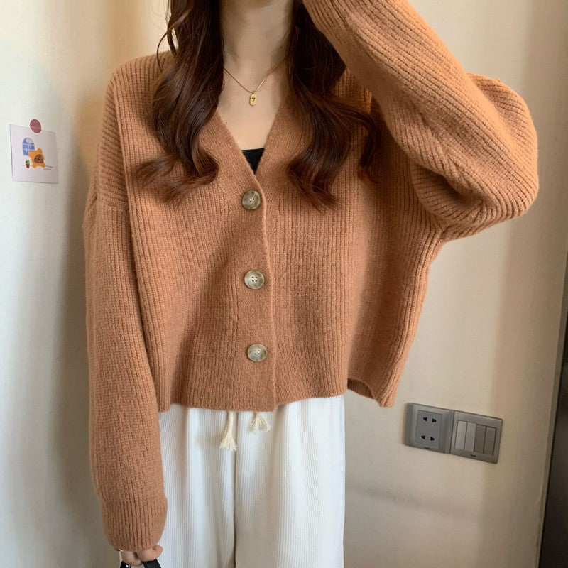 Women's Korean-style V-neck long-sleeved solid-color sweater cardigan coat