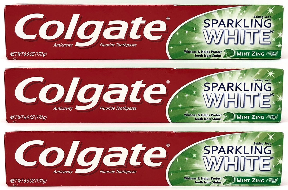 Colgate Sparkling Mint Gel Toothpaste with Baking Soda, 6 oz, in a 3-pack, showing the toothpaste tube with mint flavor branding.