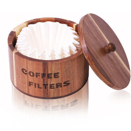 Round acacia wood coffee filter holder from BackupMyFilesNow.com, rustic coffee filter dispenser and storage basket for coffee bar decor