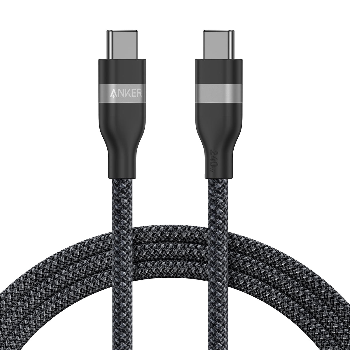 Anker 6ft black USB-C to USB-C cable, upcycled braided design, supports 240W charging, durable and flexible for fast data transfer.