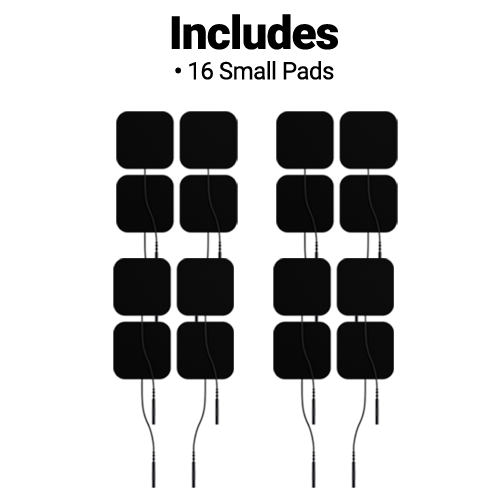 iReliev wired small pads refill kit showing adhesive gel pads, connector cables, and packaging for CM5050 TENS unit therapy.