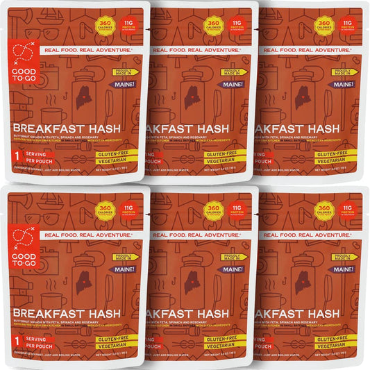 Good To-Go Breakfast Hash camping and backpacking meal pack with six single servings, dehydrated food ready to cook with water.