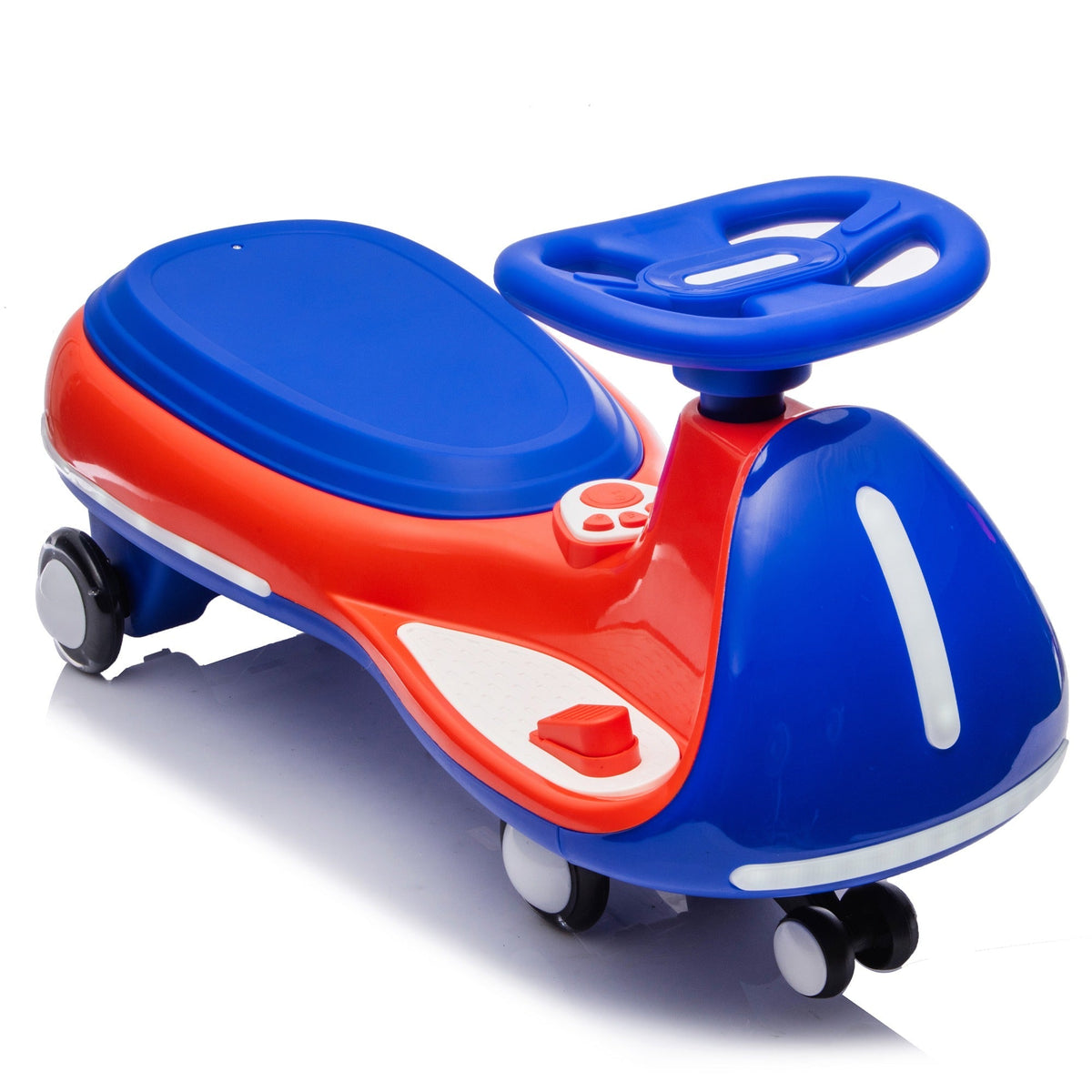 12V electric wiggle ride-on toy car with dual motors and LED lights, designed for kids, in vibrant colors and realistic details.