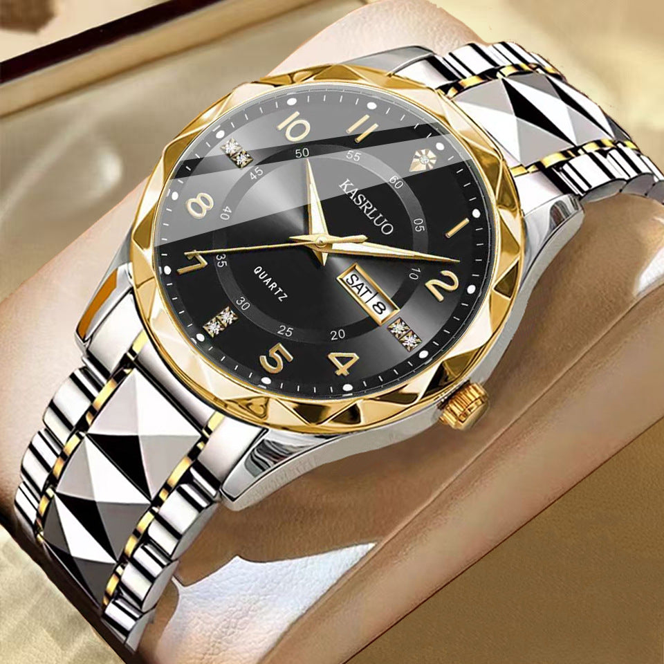 Men's dual calendar waterproof luminous quartz watch with analog dial and date display