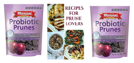 Mariani Premium probiotic dried prunes with BC30 cultures, showcasing a 7 oz bag of California dried prunes for digestive health.