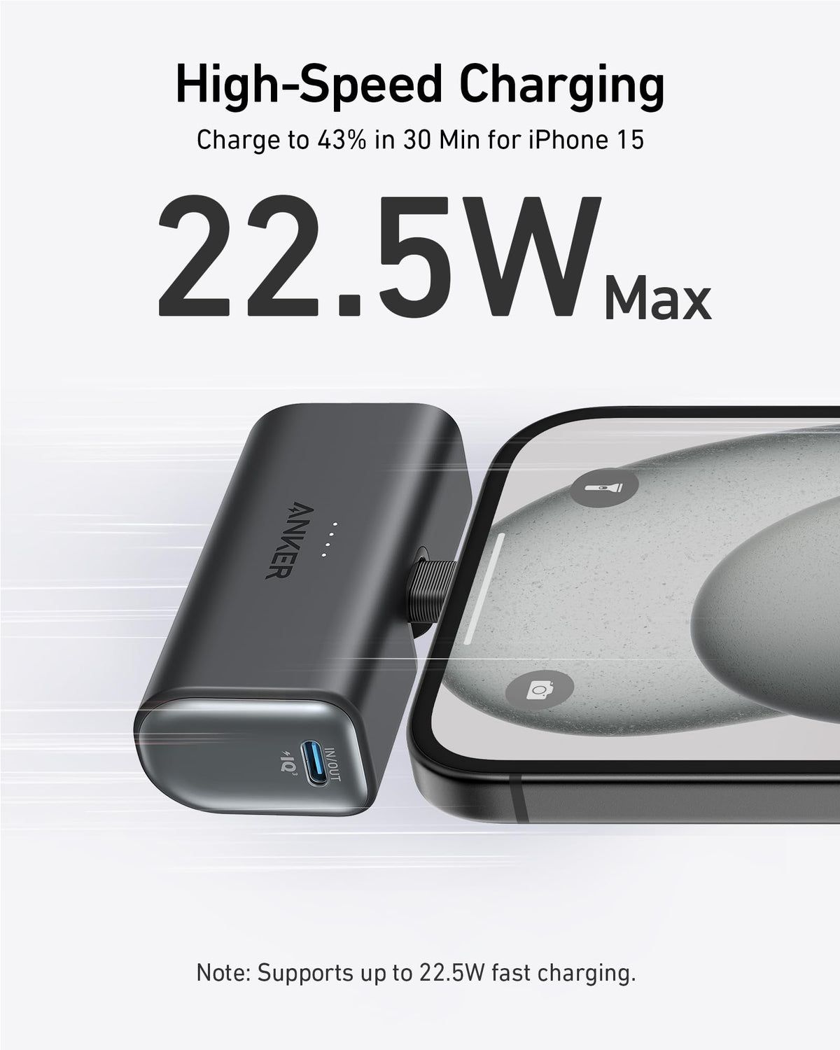 Anker Nano 22.5W power bank with built-in USB-C connector, compact portable charging device on white background.
