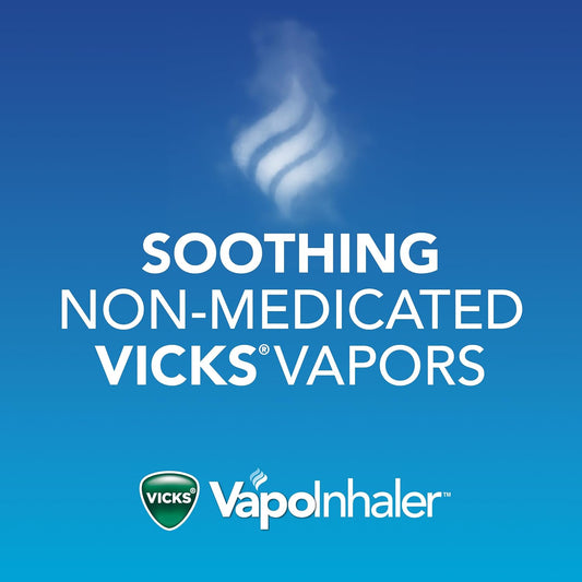 Vicks VapoInhaler portable nasal inhaler with menthol scent and refreshing vapors, featuring two scented sticks for on-the-go relief