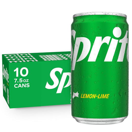 Ten mini cans of Sprite Lemon-Lime Soda Soft Drink, 7.5 fl oz each, stacked together showing the label and vibrant lemon-lime design.