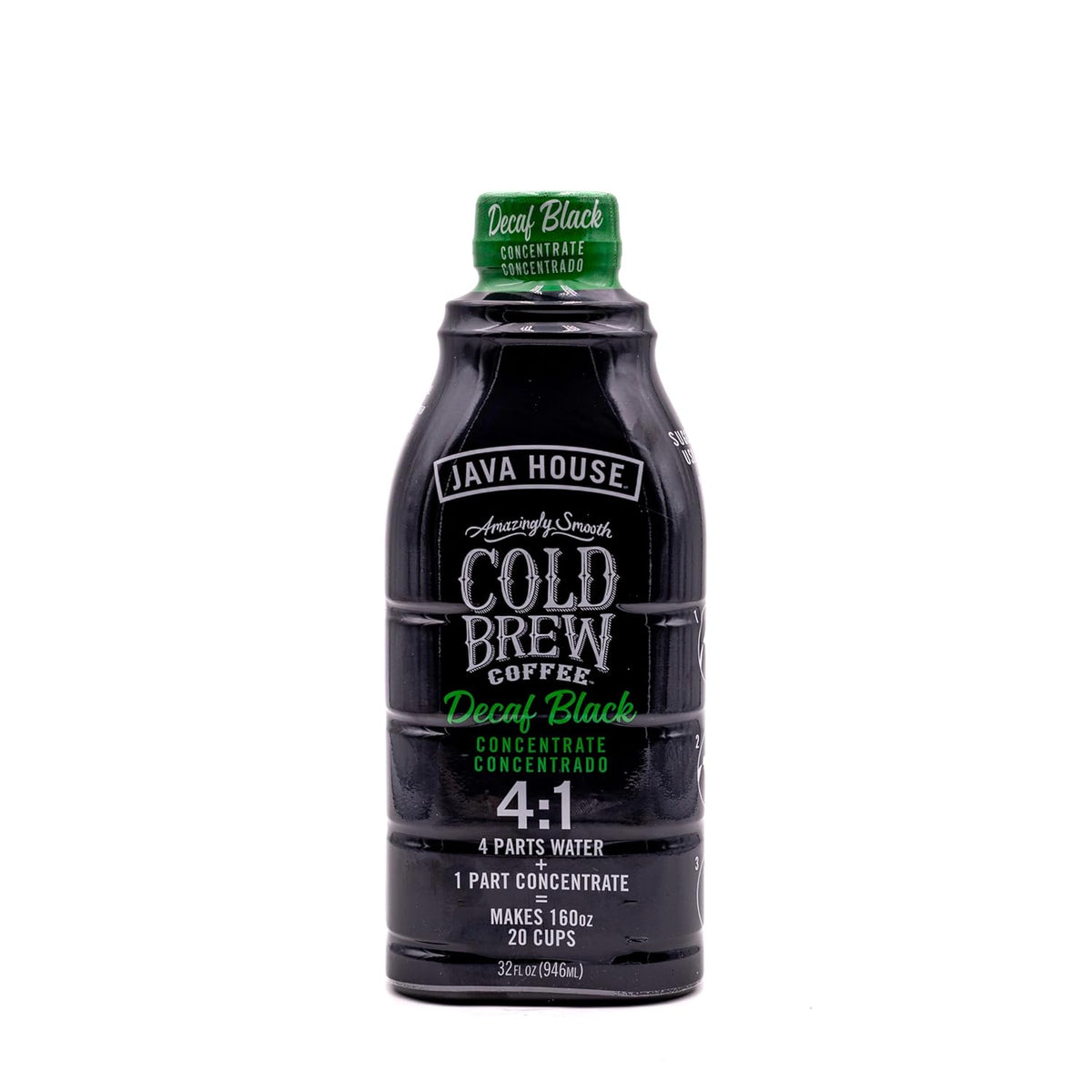 Decaf Cold Brew 4:1 Concentrate by Java House in a clear bottle, showcasing dark coffee concentrate with a label.