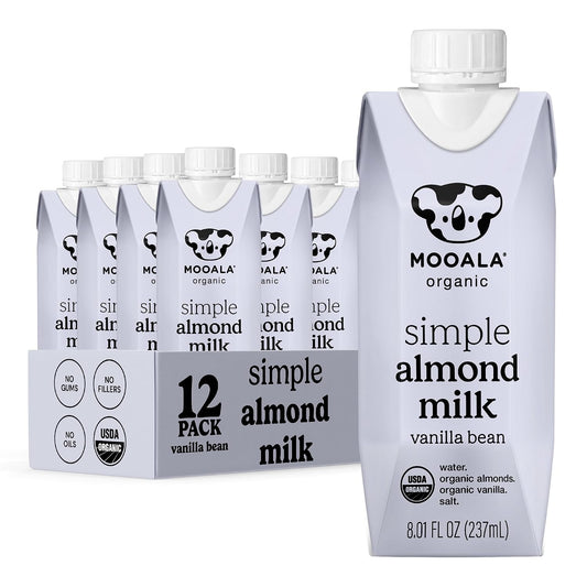 Mooala Organic Simple Almondmilk carton, unsweetened dairy-free almond milk with 3 ingredients, on-the-go single serve pack.