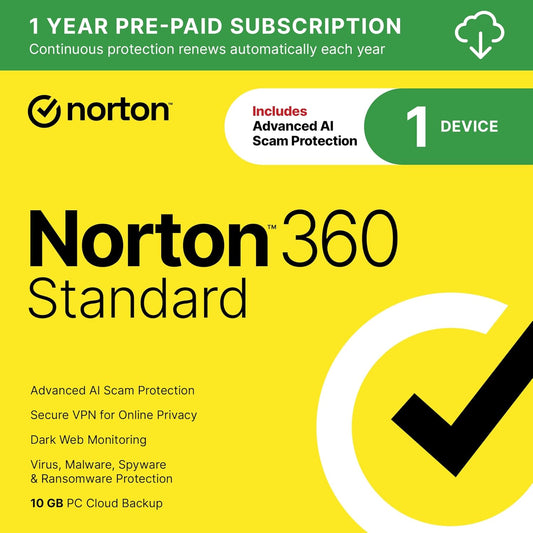 Norton 360 Standard 2026 antivirus software for 1 device, featuring AI scam protection, VPN, dark web monitoring, and cloud backup.
