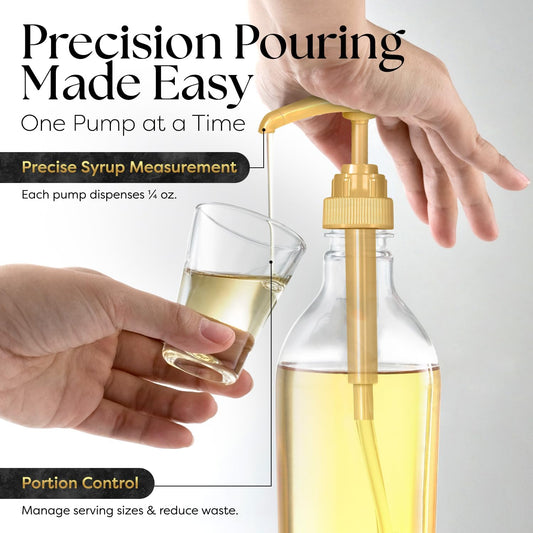Syruvia syrup pump attached to a 750ml syrup bottle, dispensing syrup through a clear plastic nozzle.