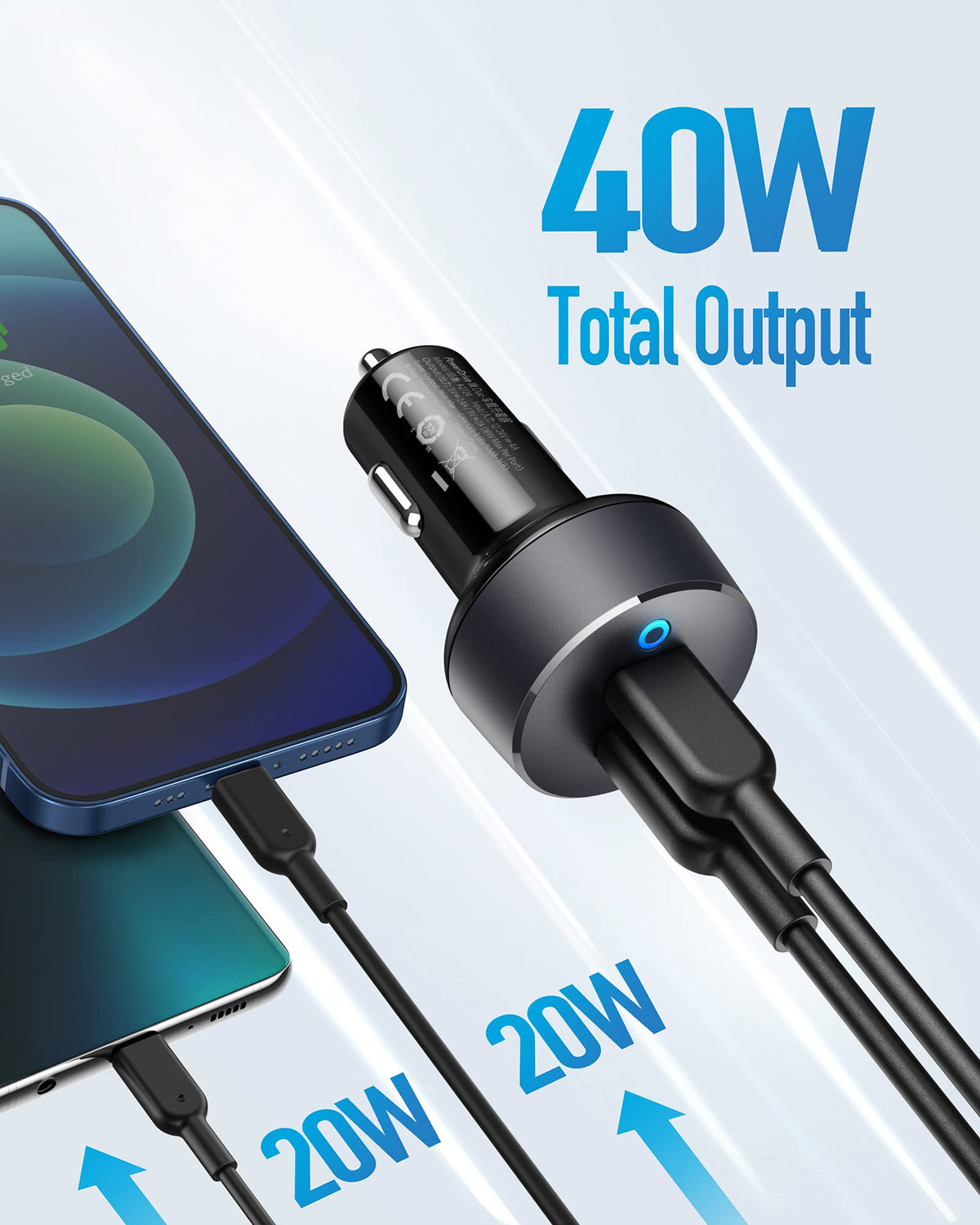 Anker PowerDrive III Duo USB-C car charger with two charging ports connected to a vehicle's dashboard.