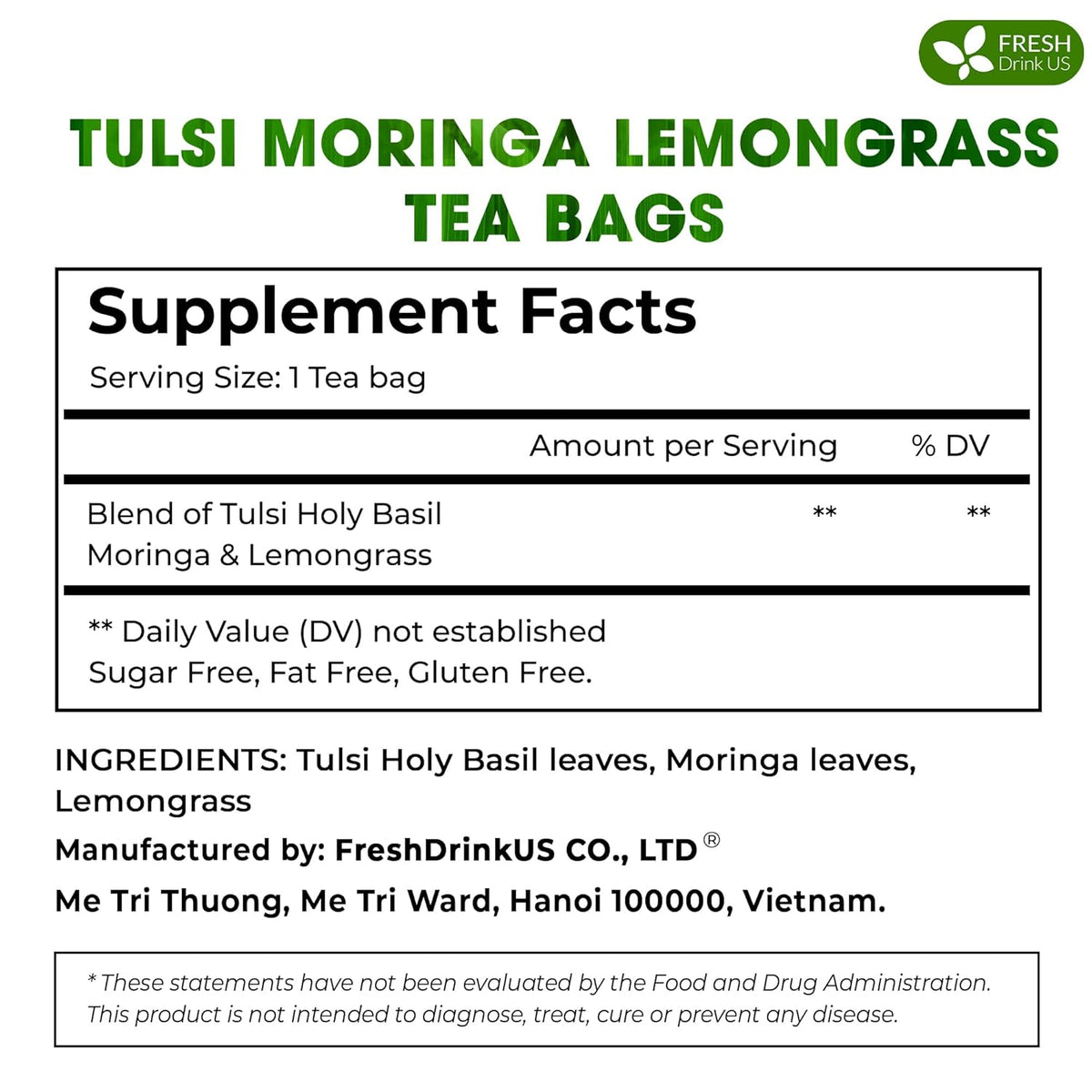 Premium Tulsi Moringa Lemongrass Tea Bags, 100% Natural & Pure from Tulsi Holy Basil Leaves, Moringa & Lemongrass.