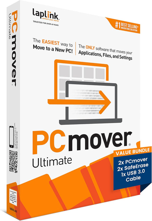 LAPLINK PCmover Ultimate 11 backup software for transferring applications, files, and settings from old to new PC with USB 3.0 cable