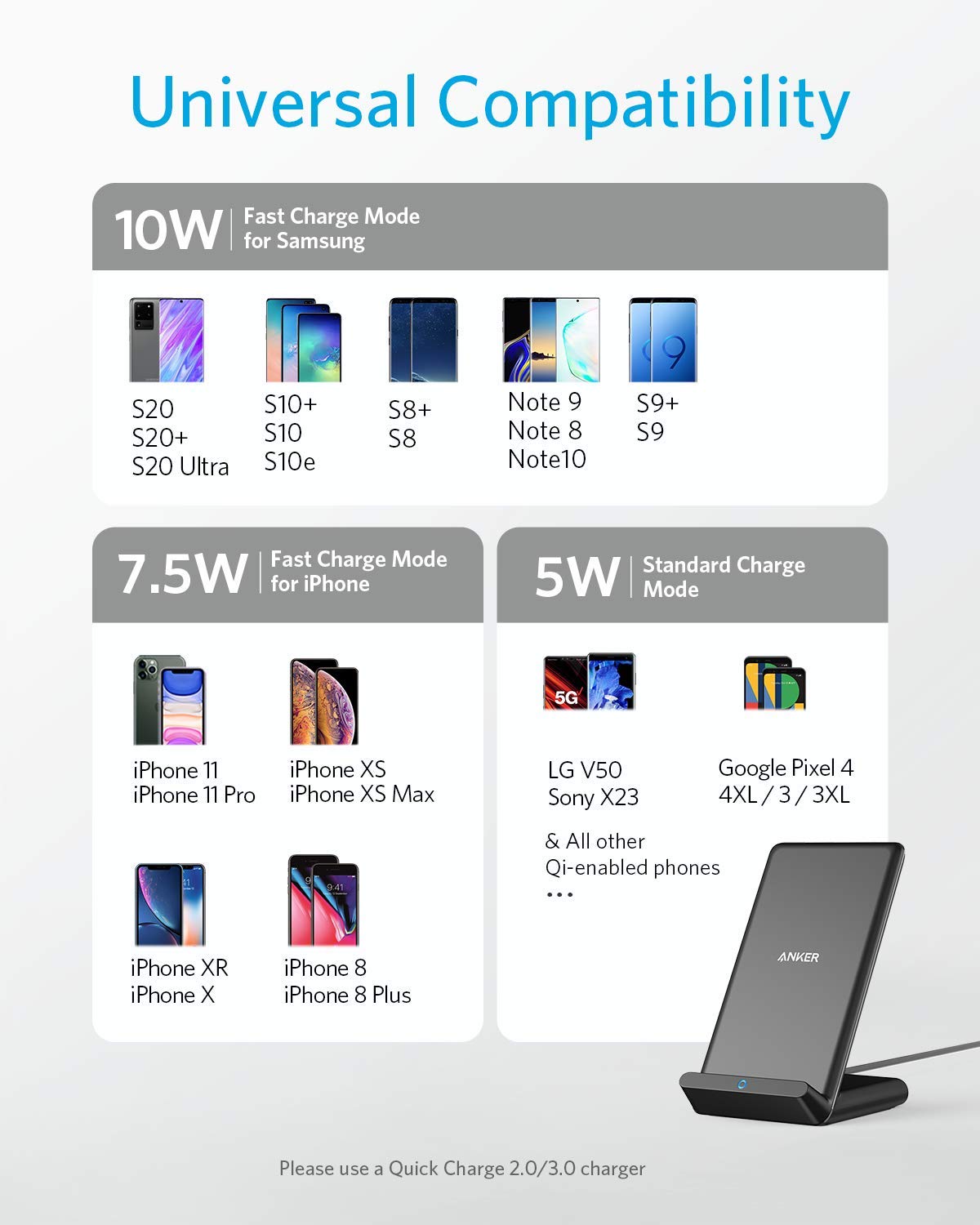 Anker 313 wireless charging stand with a sleek design for fast charging smartphones and compatible devices.