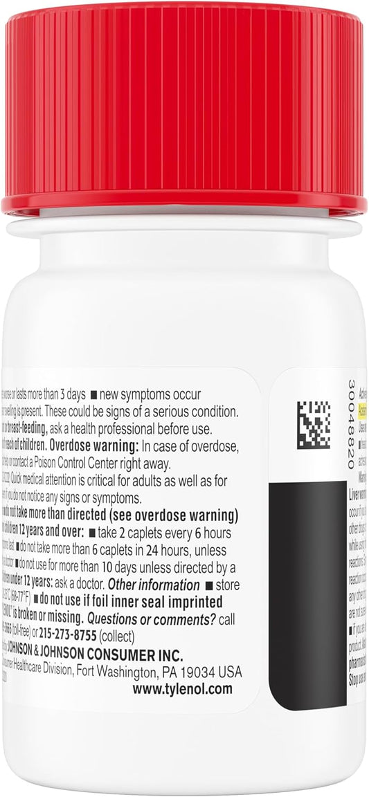 TYLENOL Extra Strength Acetaminophen 500 mg caplets, 24 count, white capsule-shaped pain relief medication.