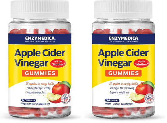 Enzymedica apple cider vinegar gummies with B12 and mother, supporting gut health and digestion, vegan supplement bottle.