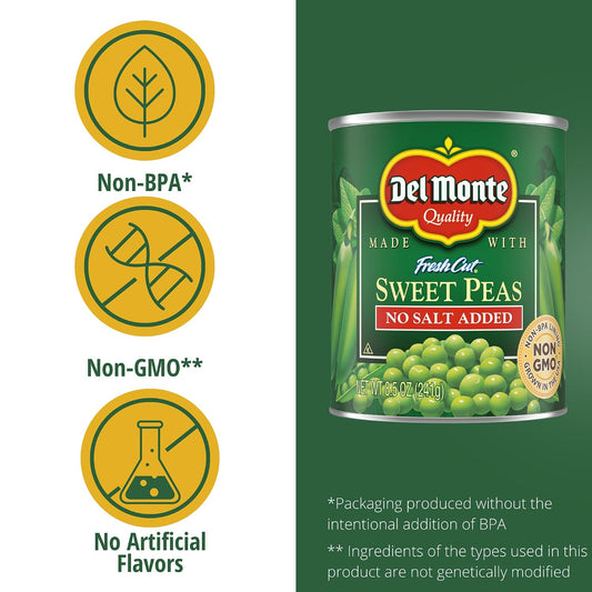 Canned Del Monte sweet peas with no salt added in 8.5-ounce can, stacked in a pack of 12, showing the peas inside the can