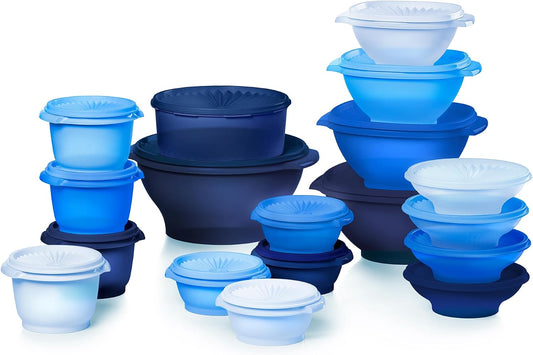 Tupperware Heritage 36-piece set of vintage pastel food storage containers with lids, includes 18 containers and 18 lids.