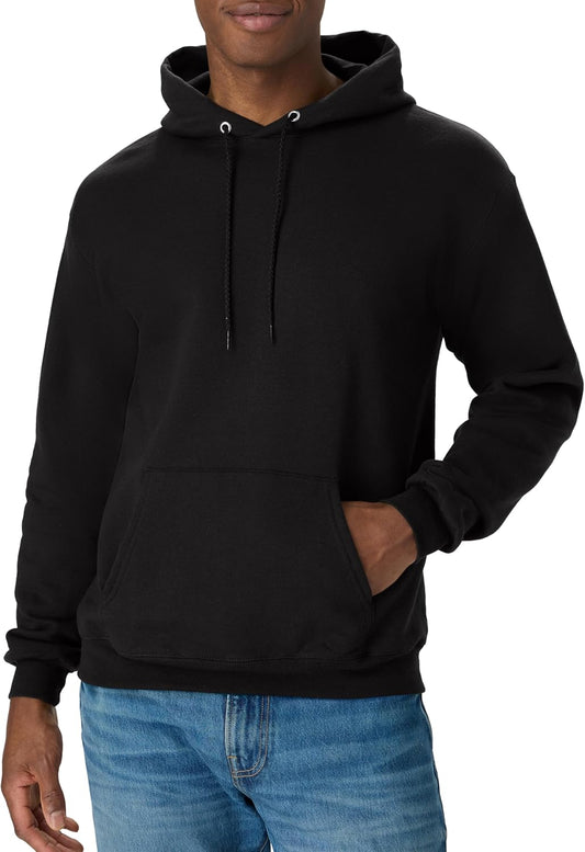 Hanes men's EcoSmart fleece hoodie with hood and front pocket, midweight, suitable for big and tall sizes, black color.
