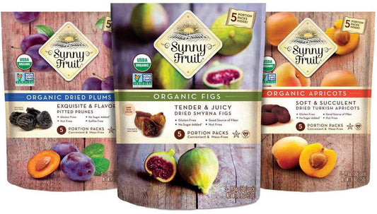Sunny Fruit dried fruit snack packs, 6 bags with 30 portions, featuring assorted dried fruits in individual packaging.