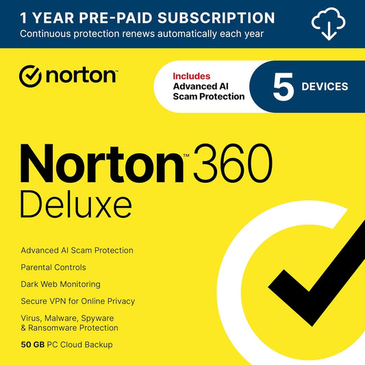Norton 360 with LifeLock Select bundle backup software, 1-month subscription for 5 devices, all-in-one device and online privacy protection