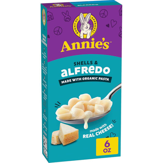 Pack of Annie's Organic Shells & White Cheddar Mac and Cheese with pasta and real cheese in a 4-count, 24 oz package.
