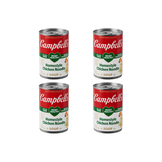 Cans of Campbell's Homestyle Chicken Noodle Soup, 10.5 oz, pack of 12, featuring the classic Campbell's label and soup imagery.