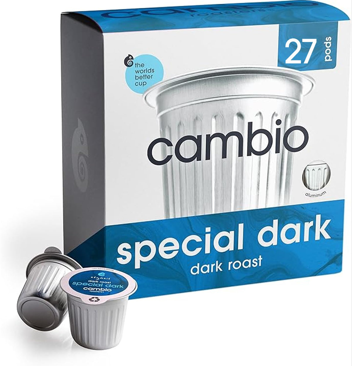 Cambio Roasters Colombian organic coffee pods in recyclable aluminum, Keurig compatible, medium roast, bold flavor, 60 count.