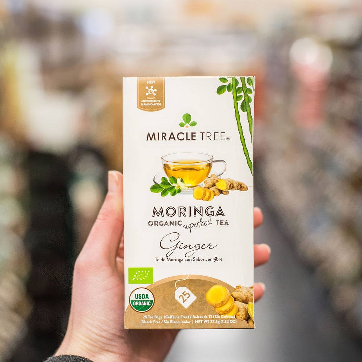 Organic Moringa Tea with ginger from Miracle Tree, caffeine-free herbal tea in a tea bag.