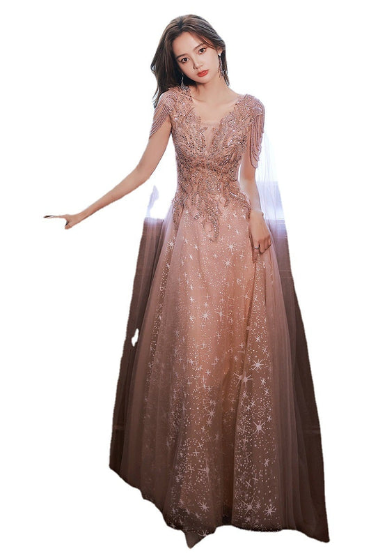 Starry Sky Dress for celebrity hosts and performers by BACKUPMYFILESNOW.COM®, featuring a shimmering starry pattern and elegant design.