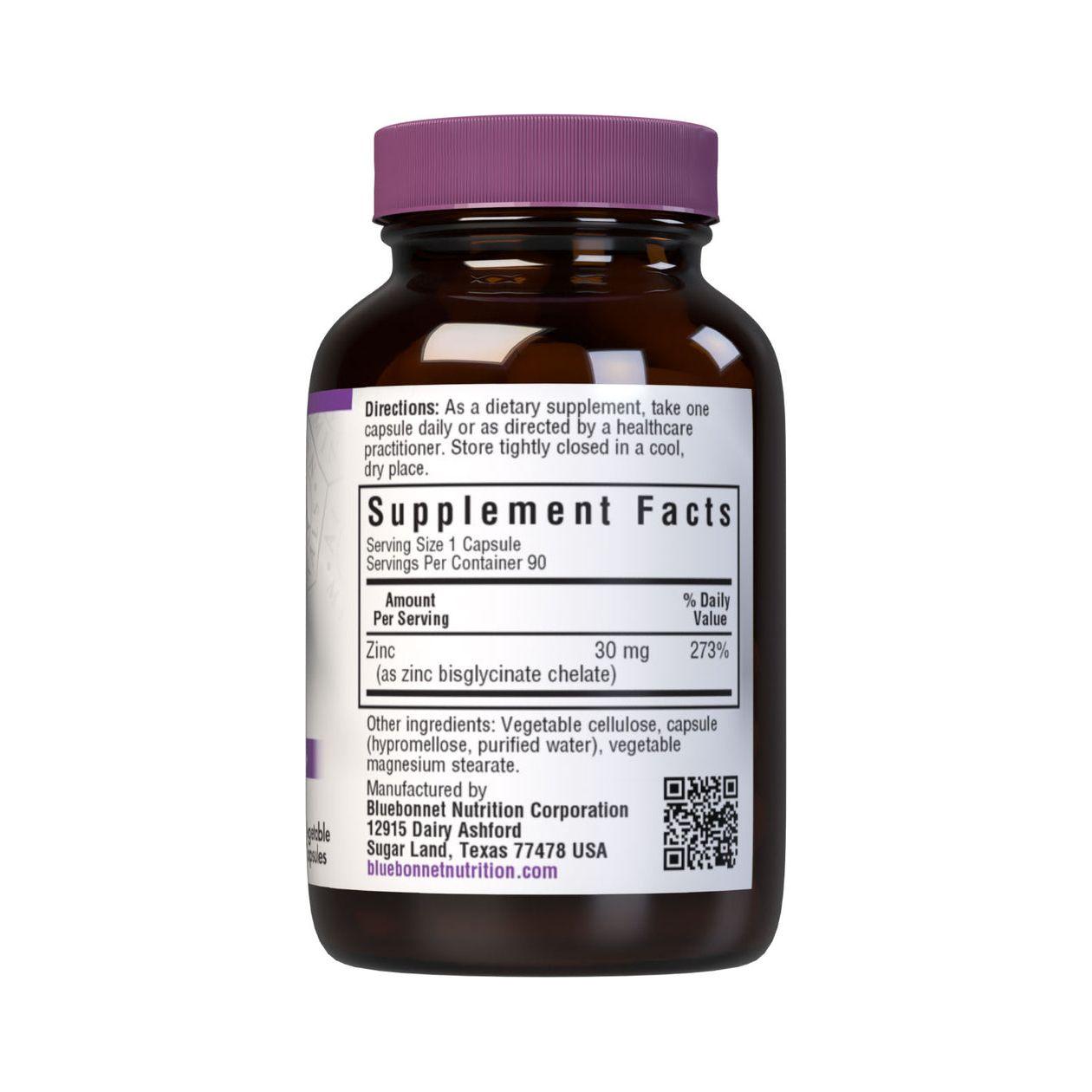 Bluebonnet Albion Chelated Zinc dietary supplement bottle with 90 capsules, featuring blue label and cap, on a white background.
