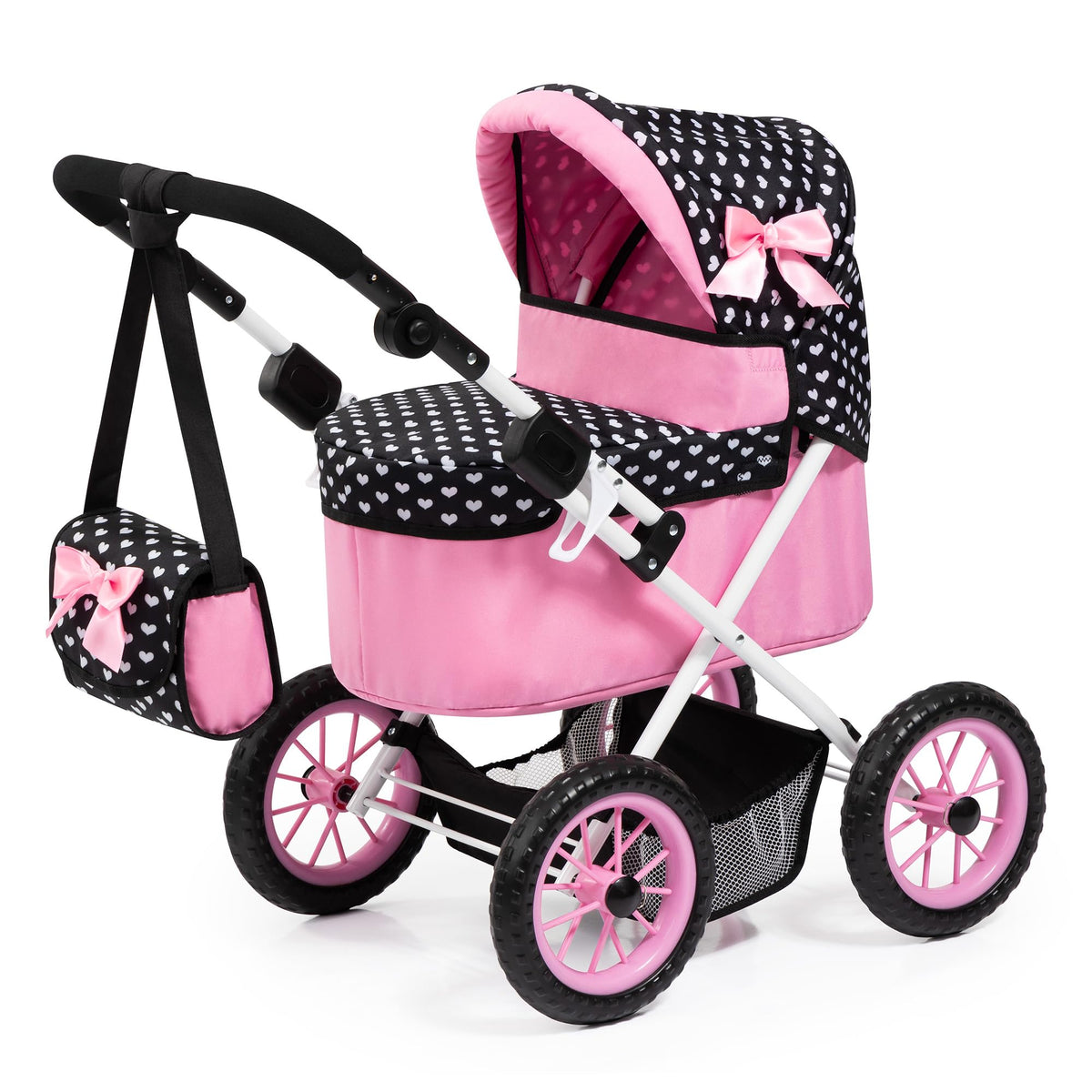 Pink doll stroller set by BACKUPMYFILESNOW® with foldable design and matching bag, suitable for children to carry their dolls.