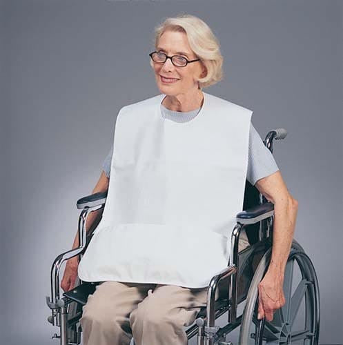Vinyl bib with pocket for wheelchair users, washable accessory from BACKUPMYFILESNOW® designed for comfort and convenience.