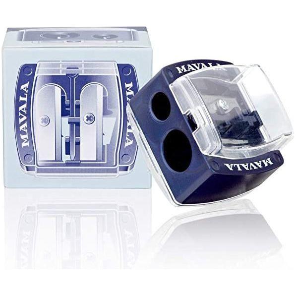 Mavala cosmetic pencil sharpener for precise sharpening of makeup pencils, shown with the sharpener and pencil in the image.