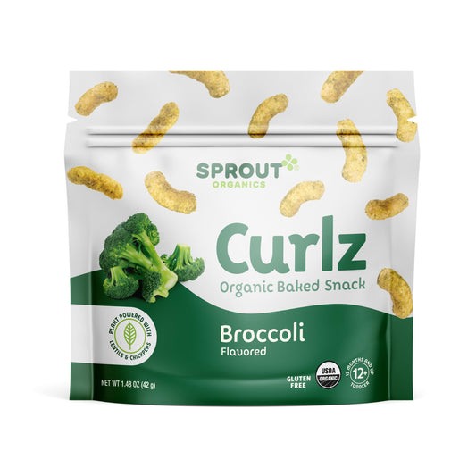 Sprout Organic Curlz Toddler Snacks Broccoli in 1.48 oz bag, featuring fun broccoli-shaped toddler-friendly snacks.