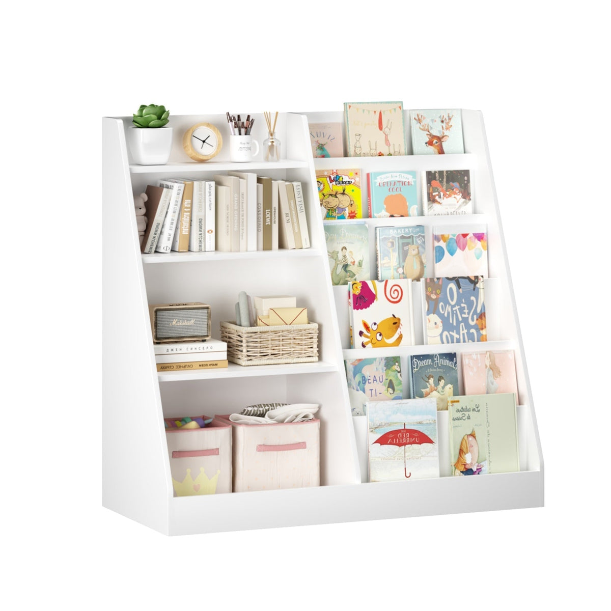 Wooden kids bookshelf with toy storage organizer, 34.65 inches tall, featuring colorful bins and a sturdy design for children's room.