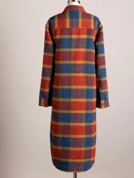 Women's red loose linen trench coat, beltless design, front view